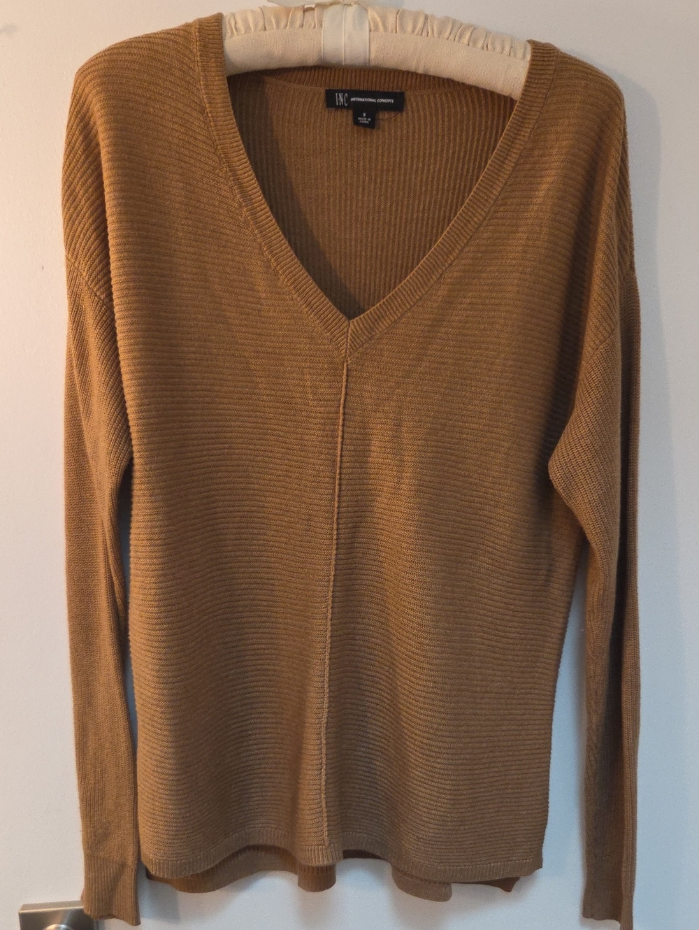 INC International Concepts V-Neck Ribbed Sweater - Camel Brown